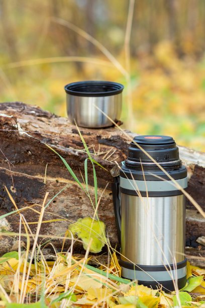 保温瓶在秋天森林的木钩上。秋季旅行的概念图片下载