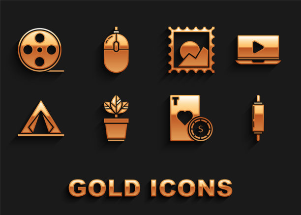 盆栽花卉，在线播放视频，擀面杖，赌场芯片和扑克牌，旅游帐篷，图片景观，电影卷轴和电脑鼠标图标。向量图片下载