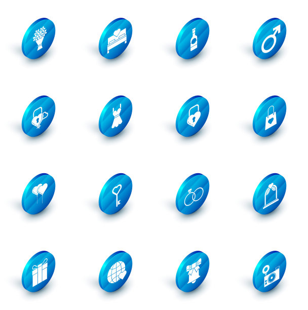 套装卧室，香槟瓶，男性性别符号，城堡的形状的心和钥匙，气球形式的丝带，女人的衣服，购物袋和图标。向量图片下载