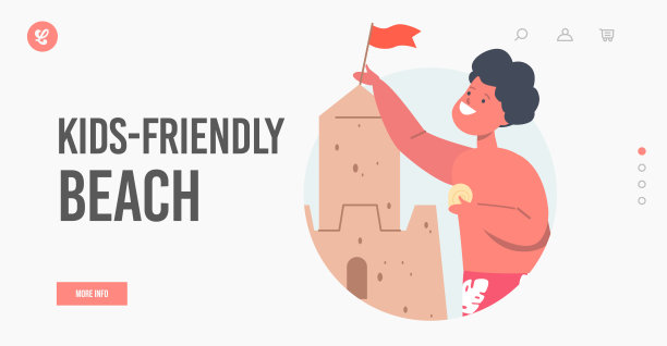 孩子友好的海滩登陆页模板。穿着泳装的男孩在海滩上玩耍，建造沙堡图片下载