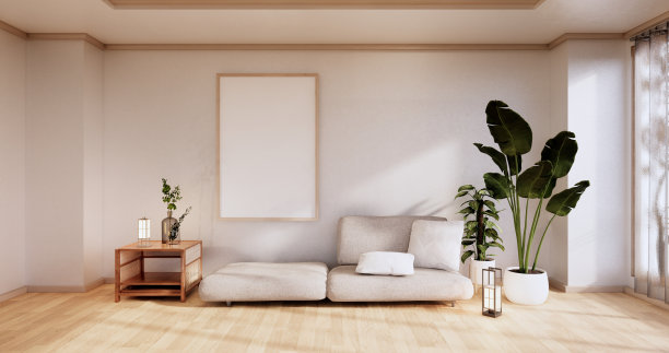 沙发家具和现代房间设计简约。三维渲染图片下载