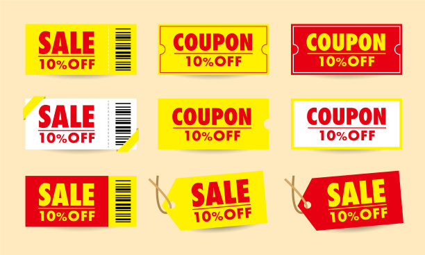 销售项目。红色和黄色的优惠券。矢量插图集的便宜货标签。图片下载