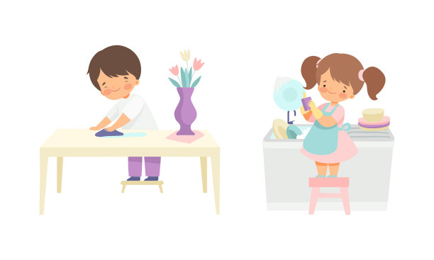 可爱的女孩和男孩在做家务图片下载