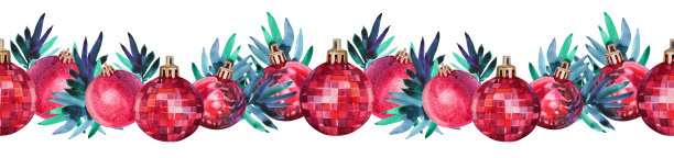 无缝边界水彩手绘红色闪亮装饰球和圣诞树树枝孤立在白色背景。新年、派对、庆祝、墙纸、包装的创意艺术图片下载