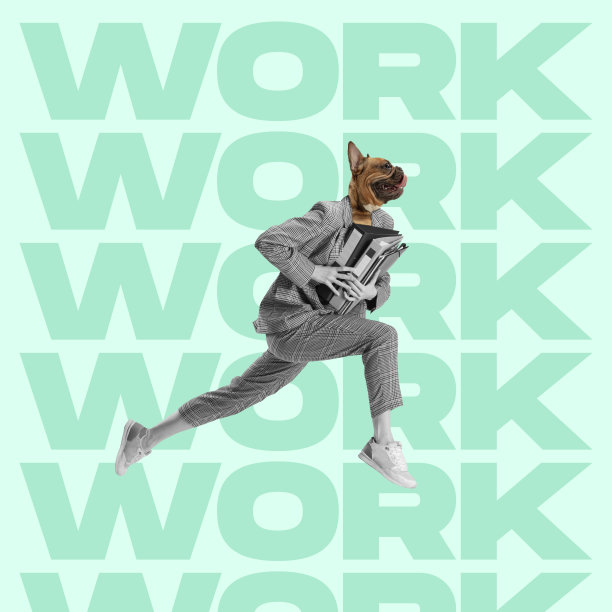 当代艺术拼贴的女人，女员工与狗，牛头狗在奔跑与文件夹隔离在绿色背景图片下载