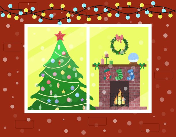 圣诞节的内部。从街上看窗外的房间。圣诞树和壁炉装饰。家新年庆祝概念。矢量平面插图图片下载