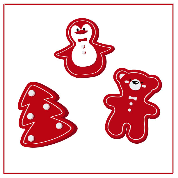 圣诞卡片和圣诞玩具圣诞树，企鹅，熊。红色和白色平面矢量插图孤立的白色背景。图片下载