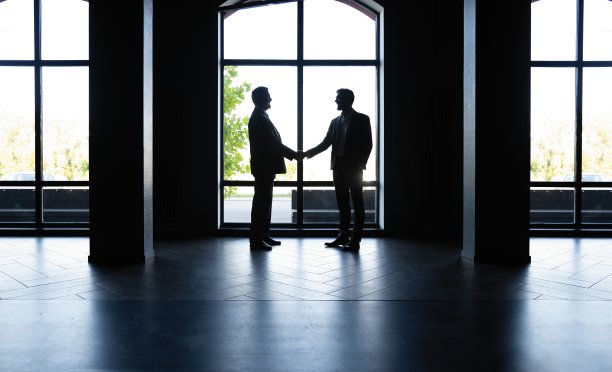 商务人士在办公楼里握手的全景图。图片下载