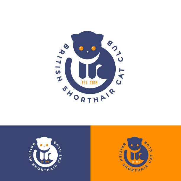 猫俱乐部图标。一只可爱的猫，黄色的眼睛围成一个字母圈。图片下载