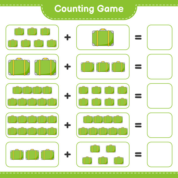数行李游戏，数行李的数量并写出结果。教育儿童游戏，可打印的工作表，矢量插图图片下载