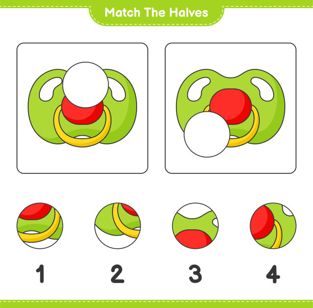 匹配的部分。匹配一半的奶嘴。教育儿童游戏，可打印的工作表，矢量插图图片下载
