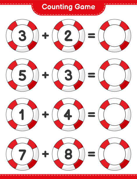 数救生圈游戏，数救生圈的数量并写出结果。教育儿童游戏，可打印的工作表，矢量插图图片下载