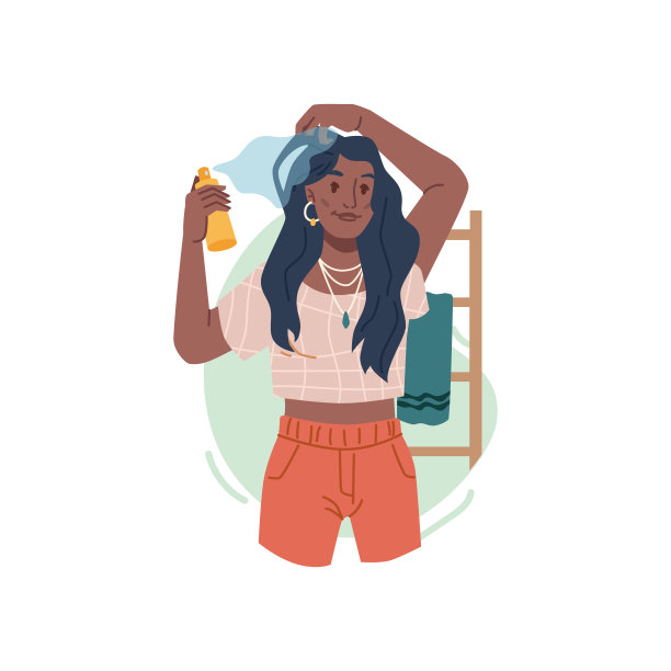 女人应用护发素或化妆水孤立的黑人女孩扁平的卡通人物。矢量包与护发素或气雾剂，干洗洗发水。女孩在家里做头发手术图片下载
