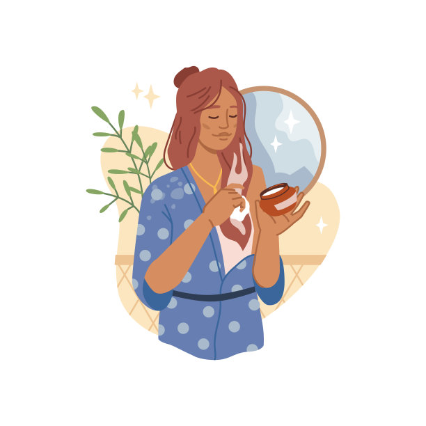 女性使用护发产品、面膜或精油、保湿霜。矢量开包有护发素或发胶。女孩在家穿长袍，镜子在背景图片下载