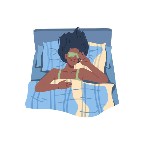 女性人士使用眼罩减少光线，解决睡眠问题。失眠和失眠的烦恼，夫人在温暖的毯子下舒适的床上。卡通人物在平面风格矢量图片下载