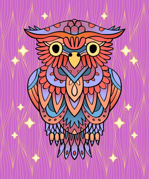 彩色矢量手绘华丽的猫头鹰。纹身风格线条艺术猫头鹰插图。装饰猫头鹰打印。图片下载