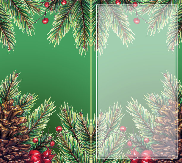 水彩笔圣诞节新年假日组成装饰:冷杉树枝，球果，红色浆果，石榴石贺卡背景框架边界样品图片下载