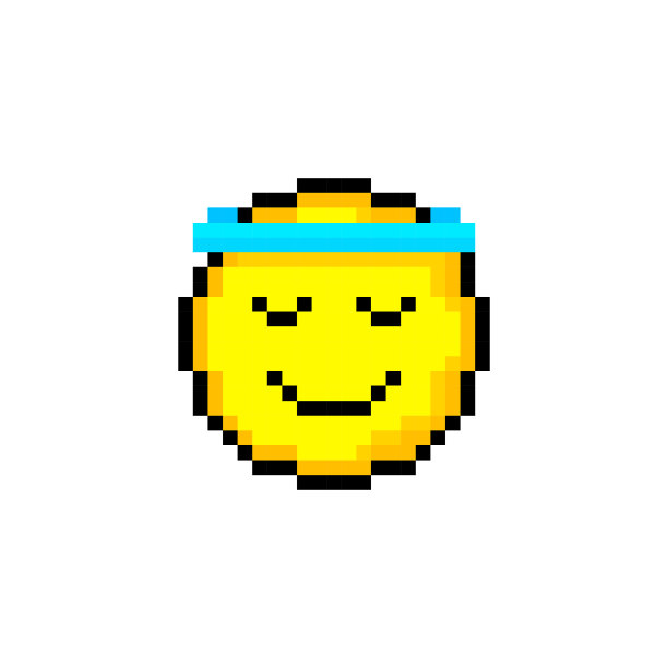 像素8位黄色圆圈带微笑。白色背景上的孤立物体。情绪的迹象。矢量插图。图片下载