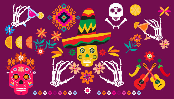 亡灵节，亡灵节或者万圣节都是重要的固定元素。糖骷髅，吉他，蜡烛，picado教堂，图片下载