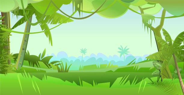 热带雨林的叶子。茂密的灌木丛。从丛林中看风景。南部农村的风景。插图采用卡通风格的平面设计。热带森林全景。向量图片下载
