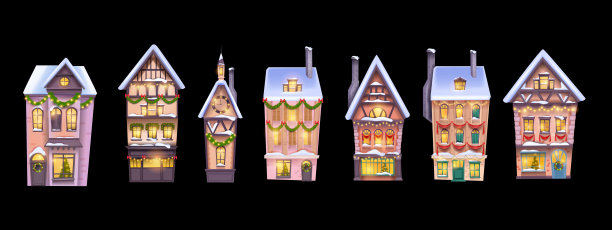 冬季圣诞屋图标集，向量假日圣诞节雪镇建筑孤立的正面。图片下载