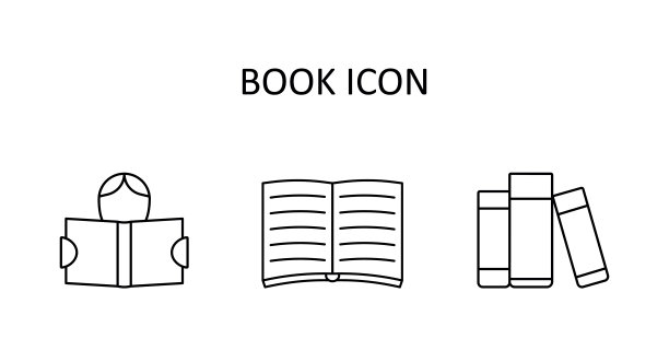 矢量插图。图标设置-人与打开的书;打开书与文本;堆栈的书。图片下载