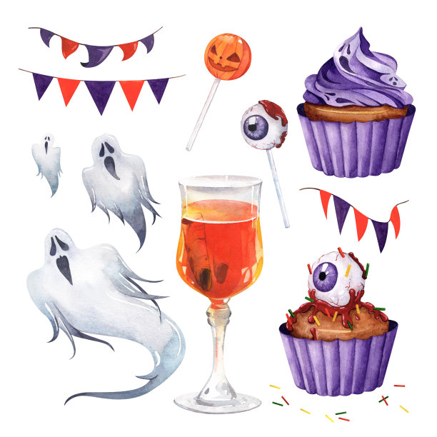 水彩画的万圣节对象。鸡尾酒杯和手指，血淋淋的棒棒糖，纸杯蛋糕，旗帜，鬼魂，眼睛。图片下载