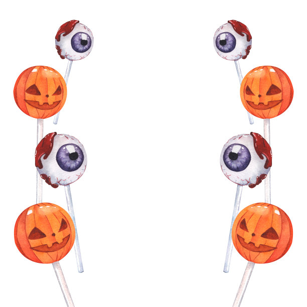 水彩画的棒棒糖的形式，血色的眼睛和可怕的南瓜。图片下载