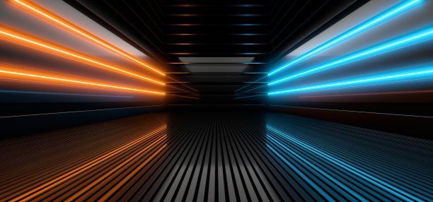 黑暗大厅里的霓虹灯。地板和墙上的倒影。3 d渲染图像。图片下载