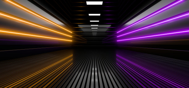 黑暗大厅里的霓虹灯。地板和墙上的倒影。3 d渲染图像。图片下载