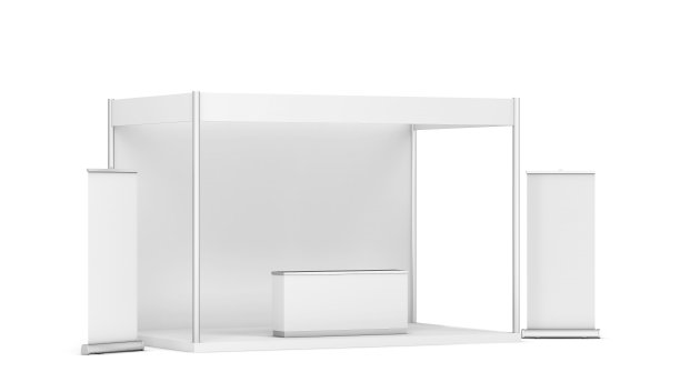 空白展台，有柜台和可卷起的横幅图片下载