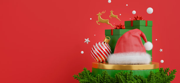 圣诞帽在讲台上与圣诞快乐的概念图片下载