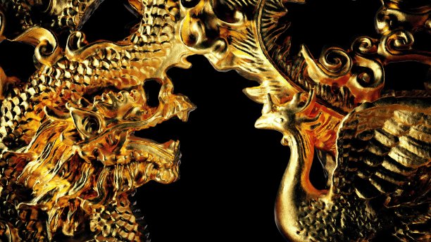 三维渲染金色中国辉光龙凤孤立在黑色背景图片下载