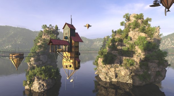 令人惊奇的幻想飞行村庄3d插图和杂草丛生的岩石图片下载