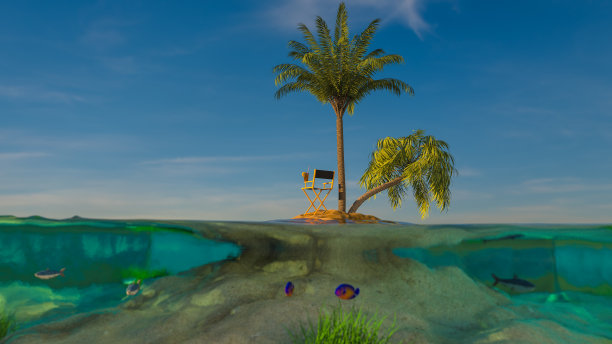 旅行和度假。景观在水面和水下，热带岛屿海岸与自然沟进入前礁被水线分裂。三维渲染图片下载