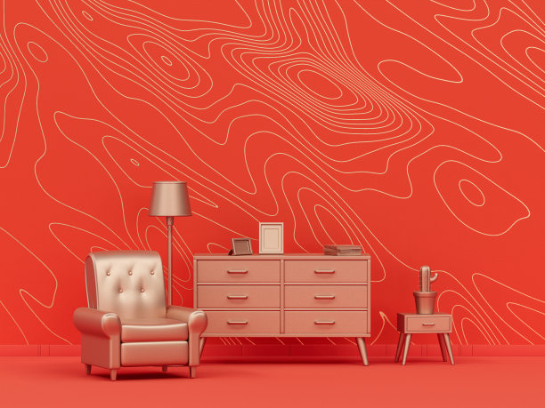 迷你内室与沙发在橙色背景内室波浪图案，单色单色金属金，3d渲染图片下载