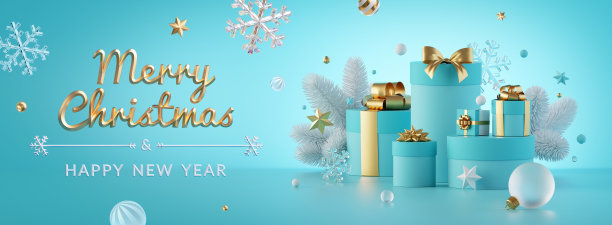 3 d渲染。薄荷蓝水平背景与节日装饰，礼品盒和圣诞快乐问候文本图片下载