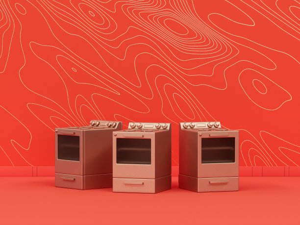 单色单金属金色烤箱在橙色背景室内与波浪图案，单色，3d图标，3d渲染图片下载