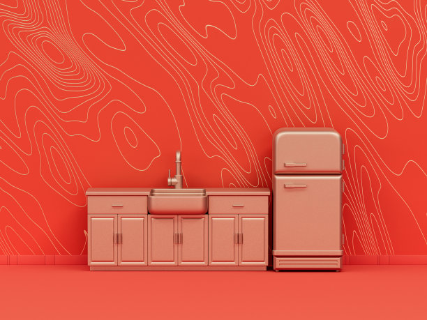 单色单金属金色柜台顶部冰箱橙色背景室内波浪图案，单色，3d图标，3d渲染图片下载
