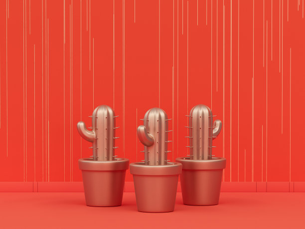 单色单色金属金色，一组仙人掌花盆在橘色背景的室内室内条纹图案，3d渲染图片下载
