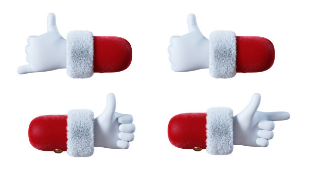 3d渲染，圣诞社交图标。圣诞老人卡通人物双手摆出竖起大拇指之类的手势。剪贴画隔离在白色背景图片下载