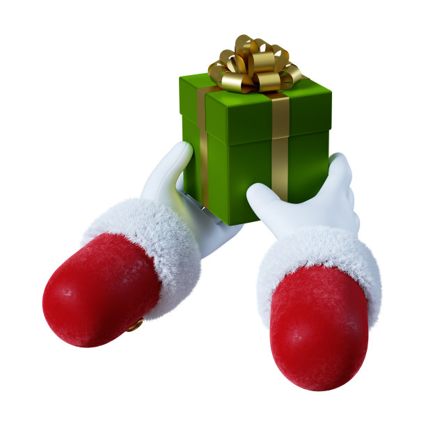 3 d渲染。节日剪贴艺术隔离在白色背景。圣诞老人手里拿着绿色的礼品盒和金色的蝴蝶结。圣诞节社会图标图片下载