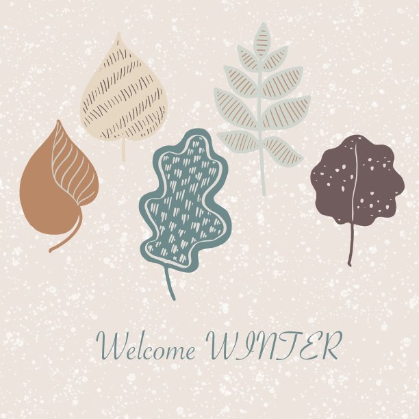 卡片上有树叶、雪和浅灰色背景上的题字。股票插图在凉爽的柔和色调。图片下载