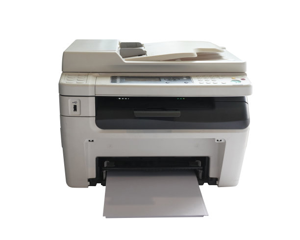 前视图漂亮的白色和灰色打印机和纸的白色背景，技术，对象，复制空间图片下载