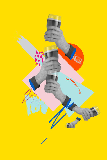 当代艺术拼贴三人手拿啤酒杯孤立在黄色背景图片下载