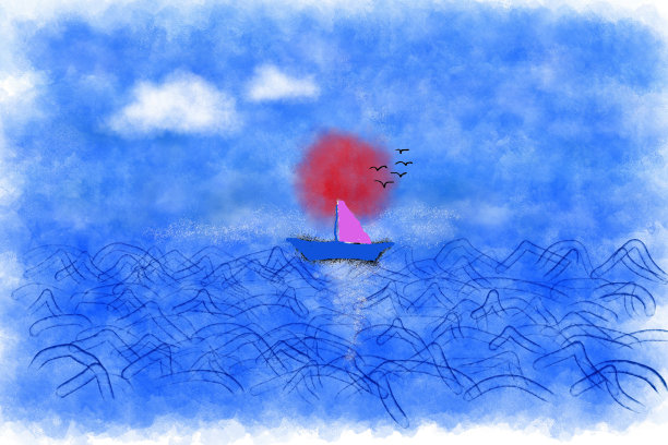 蓝色大海和帆船的水彩画插图图片下载