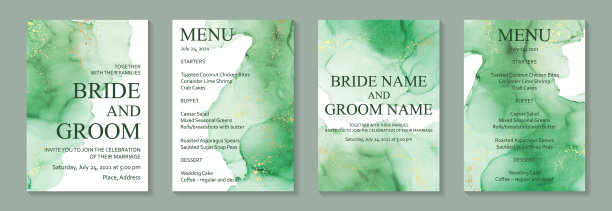 水彩背景与抽象的绿色墨水波浪和金色溅在白色。图片下载