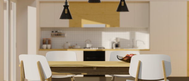 近景极简木制餐桌与椅子和空间模糊的现代厨房图片下载