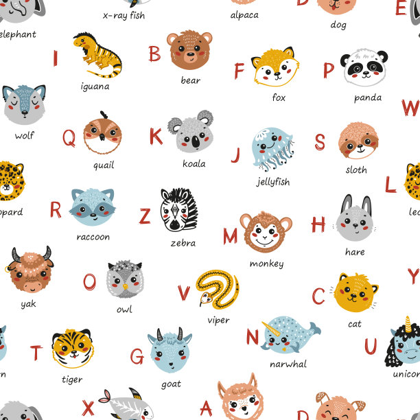 卡通可爱的动物字母无缝模式。有趣的婴儿动物面孔和涂鸦字母和名字。幼稚向量ABC图片下载