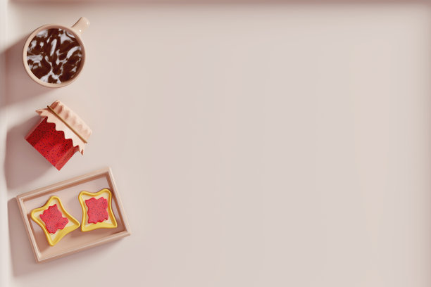 3D插图早餐托盘杯咖啡，果酱吐司和黄油煎饼美国早餐俯视图3D渲染图片下载